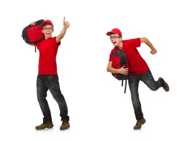 Sırt çantalı genç gezgin beyaza izole edilmiş.