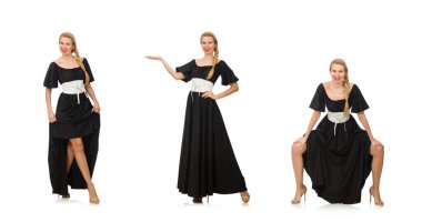 Uzun boylu, siyah elbiseli, beyaz tenli bir kadın.