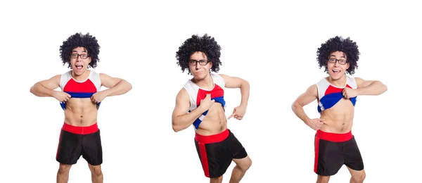 Hombre divertido ejercicio aislado en blanco — Foto de Stock