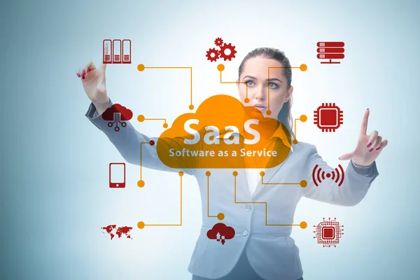 Software como servicio - Concepto SaaS con empresaria — Foto de Stock