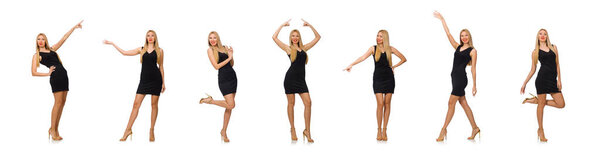Молодая красивая женщина в черном мини платье изолированы на белом