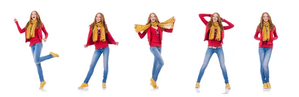 Söt leende flicka i röd jacka och jeans isolerad på vit — Stockfoto