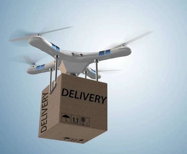 Concetto di consegna drone con box in aria - rendering 3d — Foto Stock