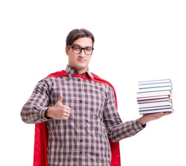 Kitapları beyaza ayrılmış süper kahraman öğrenci.