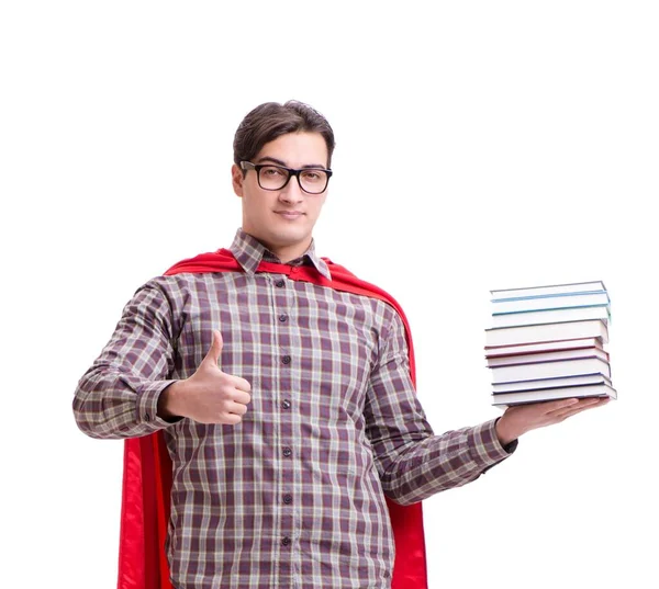 Kitapları beyaza ayrılmış süper kahraman öğrenci.
