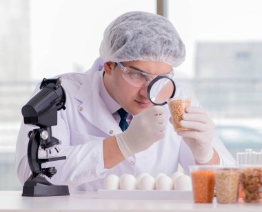 Besin uzmanı gıda ürünlerini laboratuarda test ediyor.