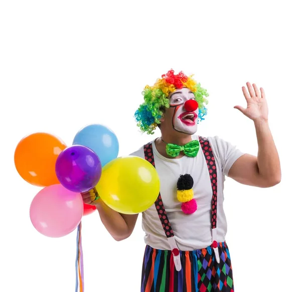 Grappige clown met ballonnen geïsoleerd op witte achtergrond — Stockfoto