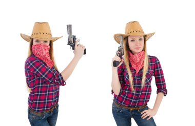 Silahlı kadın kovboy beyazlara izole edilmiş.