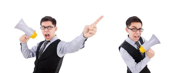 Funny man with loudspeaker on white — Stock Photo, Image