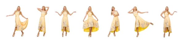 Blondes Mädchen in bezauberndem Kleid mit Blumenprints — Stockfoto