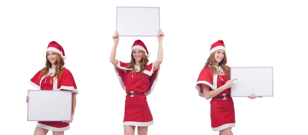 Jovem no traje vermelho do Papai Noel com placa em branco — Fotografia de Stock