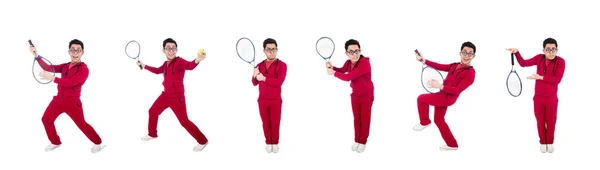 Jogador de tênis engraçado isolado em branco — Fotografia de Stock