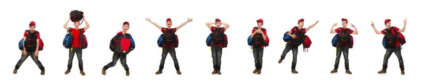 Junger Reisender mit Rucksack isoliert auf weißem Grund — Stockfoto