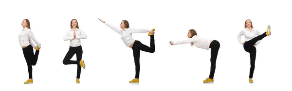 Mulher fazendo exercícios isolados em branco — Fotografia de Stock