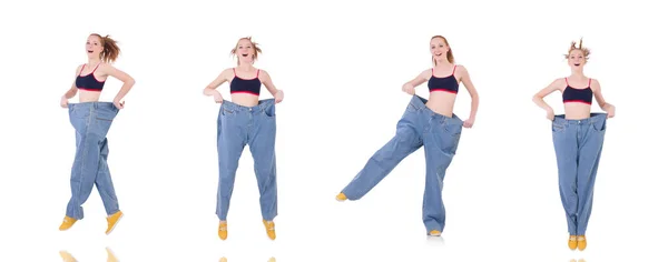 Frau mit großen Jeans im Diätkonzept — Stockfoto