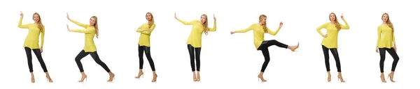 Hübsche junge Frau in gelber Bluse vereinzelt auf weißem Grund — Stockfoto
