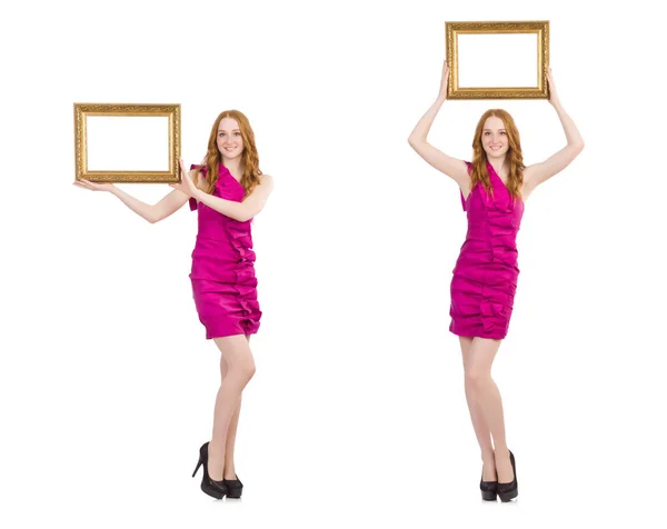 Woman with picture frame on white — Stock Photo, Image