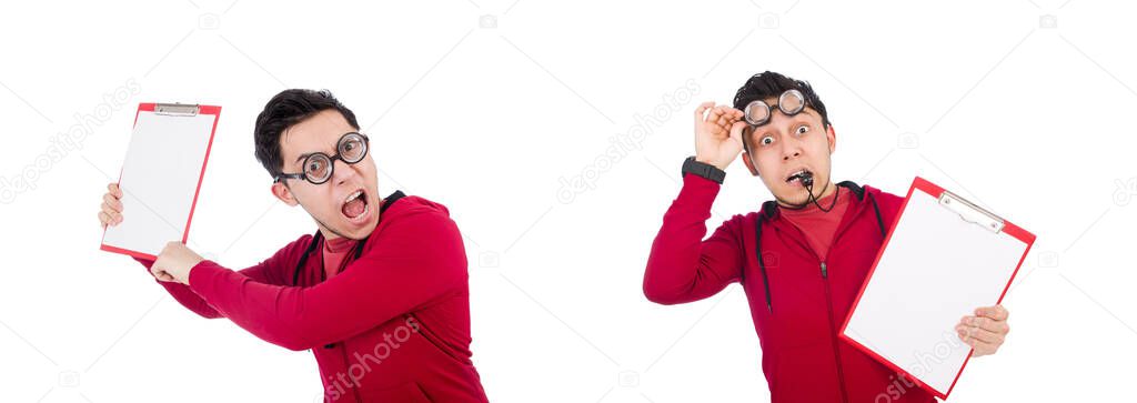 Funny coach with whistle and diary isolated on white — Stock Image Funny coach with whistle and diary isolated on white Royalty Free Stock Photos