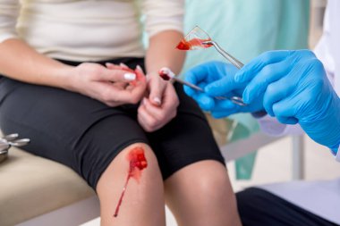Erkek doktoru ziyaret eden bacağı yaralı bir kadın.