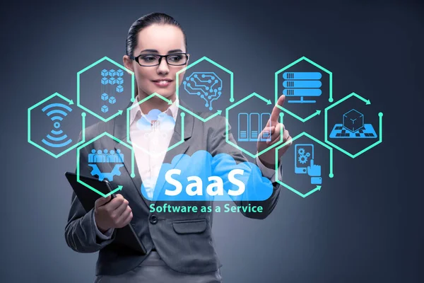 Software como servicio - Concepto SaaS con empresaria — Foto de Stock
