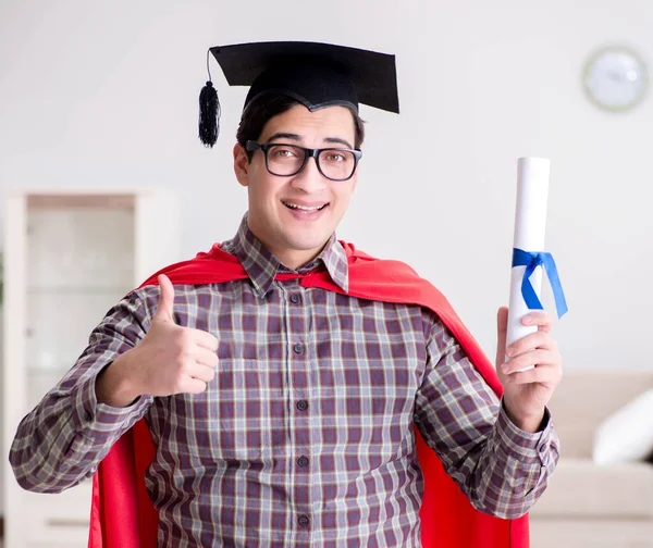 The super hero student graduating wearing mortar board cap — Stock Photo, Image