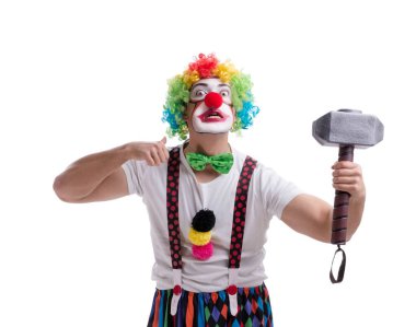 Beyaz arka planda çekici olan komik bir palyaço.