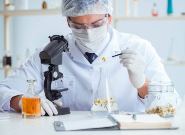 Laboratuvarda parfüm karıştıran bir kimyager.