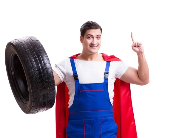 Superhero man with tyre isolated white background — Stock Photo, Image