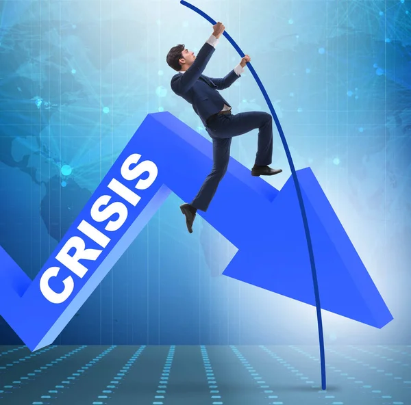 Affärsman pole vaulting över krisen i affärsidé — Stockfoto