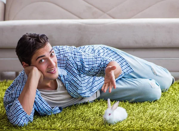 Genç adam evde evcil tavşanla oynuyor. — Stok fotoğraf