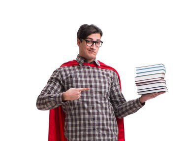 Kitapları beyaza ayrılmış süper kahraman öğrenci.