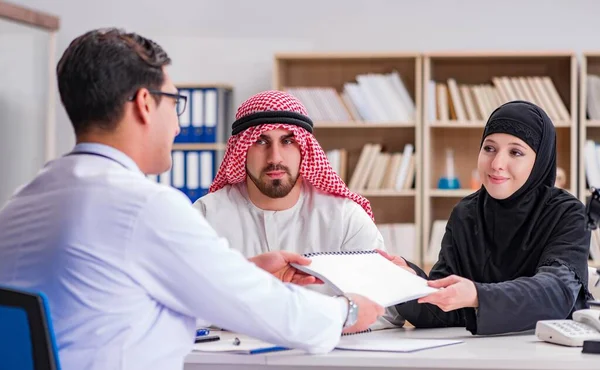 Doctor consulting arab family at hospital — Stock Photo, Image