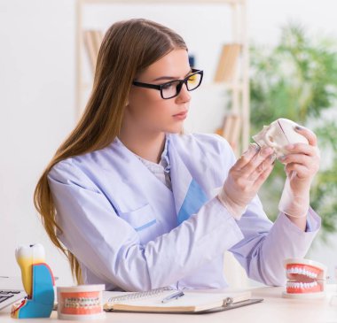 Diş hekimliği öğrencisi sınıfta pratik yapıyor.