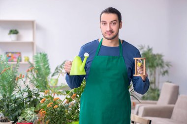 Evin içinde bitkileri olan genç bir erkek bahçıvan.