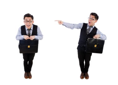 Beyaz çantalı komik iş adamı.