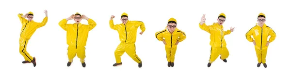 Hombre en traje amarillo aislado en blanco — Foto de Stock