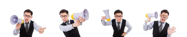 Hombre divertido con altavoz en blanco — Foto de Stock