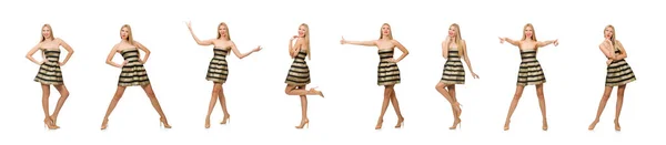 Beautiful girl in gold and black dress isolated on white — Stock Photo, Image