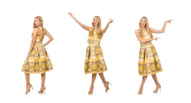 Uzun yaz elbisesi giyen genç bir kadın beyaz tenli.