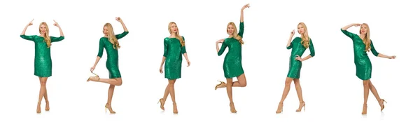Светлые волосы девушка в блестящем зеленом платье изолированы на белом — стоковое фото