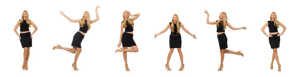Красивая девушка в черном мини платье изолированы на белом
