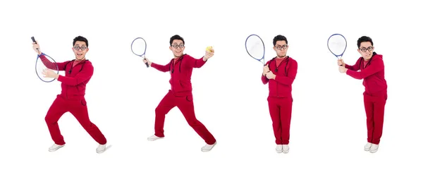 Jugador de tenis divertido aislado en blanco —  Fotos de Stock