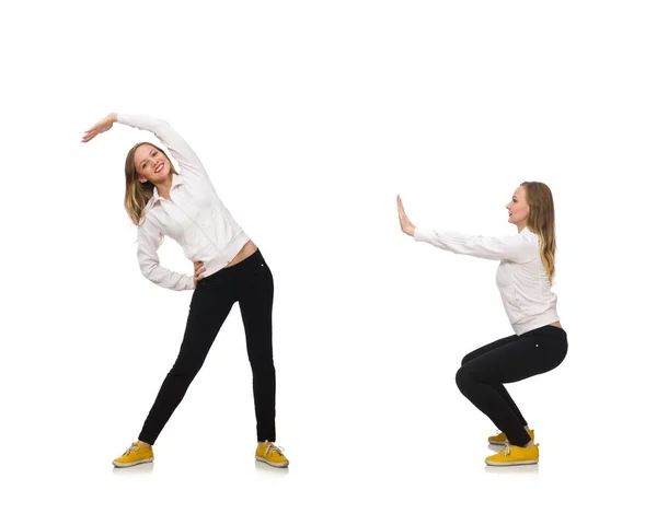 Mulher fazendo exercícios isolados em branco — Fotografia de Stock