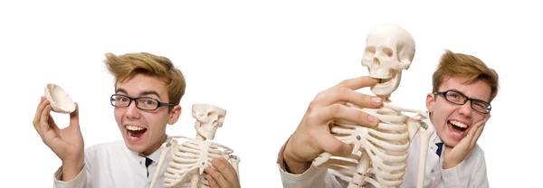Funny doctor with skeleton isolated on white — Stock Photo, Image