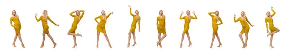 Ganska vacker flicka i gul klänning isolerad på vitt — Stockfoto