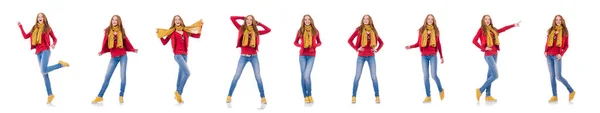 Menina sorridente bonito em casaco vermelho e jeans isolado em branco — Fotografia de Stock