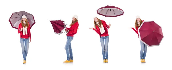 Junge Frau mit Regenschirm auf weißem Grund — Stockfoto