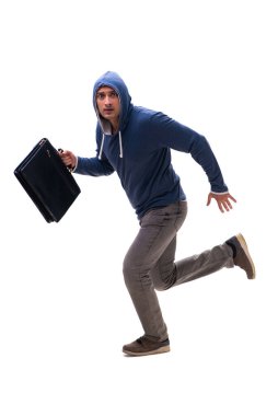 Genç erkek haydut beyazda izole edilmiş.