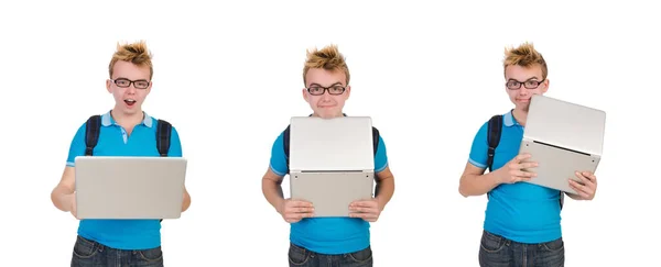 Student mit Laptop isoliert auf weiß — Stockfoto