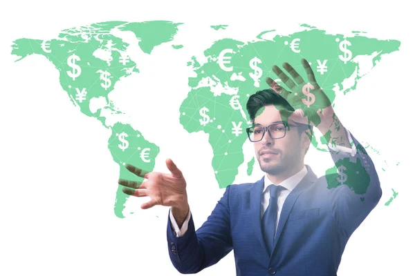 Concetto globale di trasferimento e scambio di denaro con l'uomo d'affari — Foto Stock
